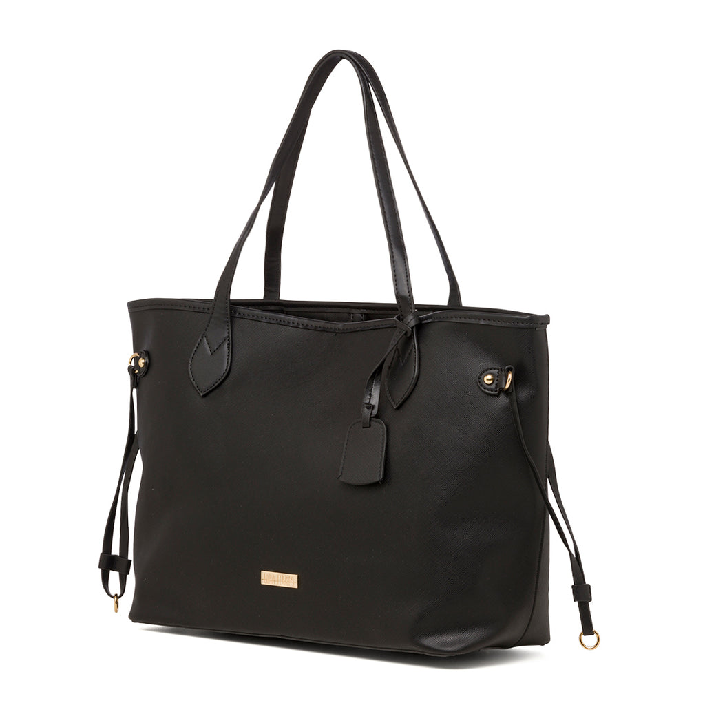 Borsa a spalla da donna nera con logo in metallo Lora Ferres