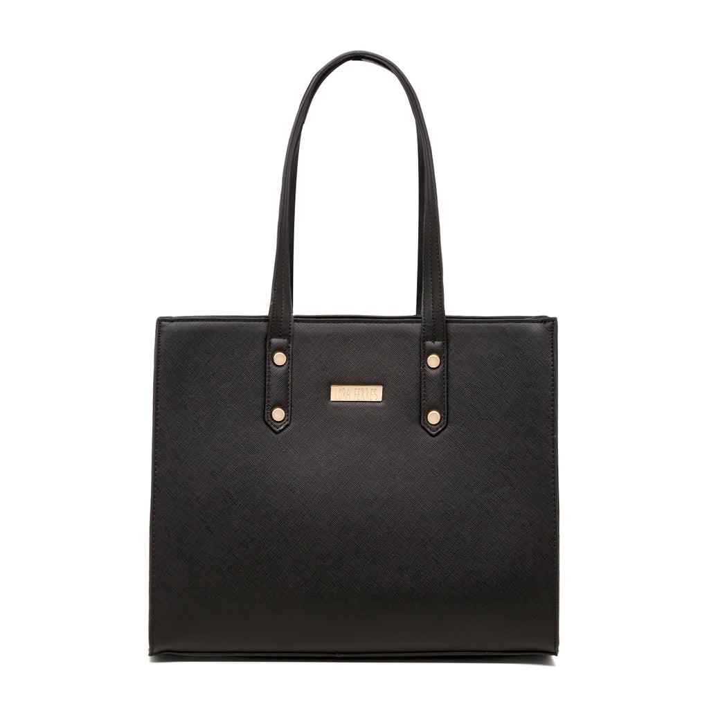 Borsa a spalla da donna nera con logo in metallo Lora Ferres