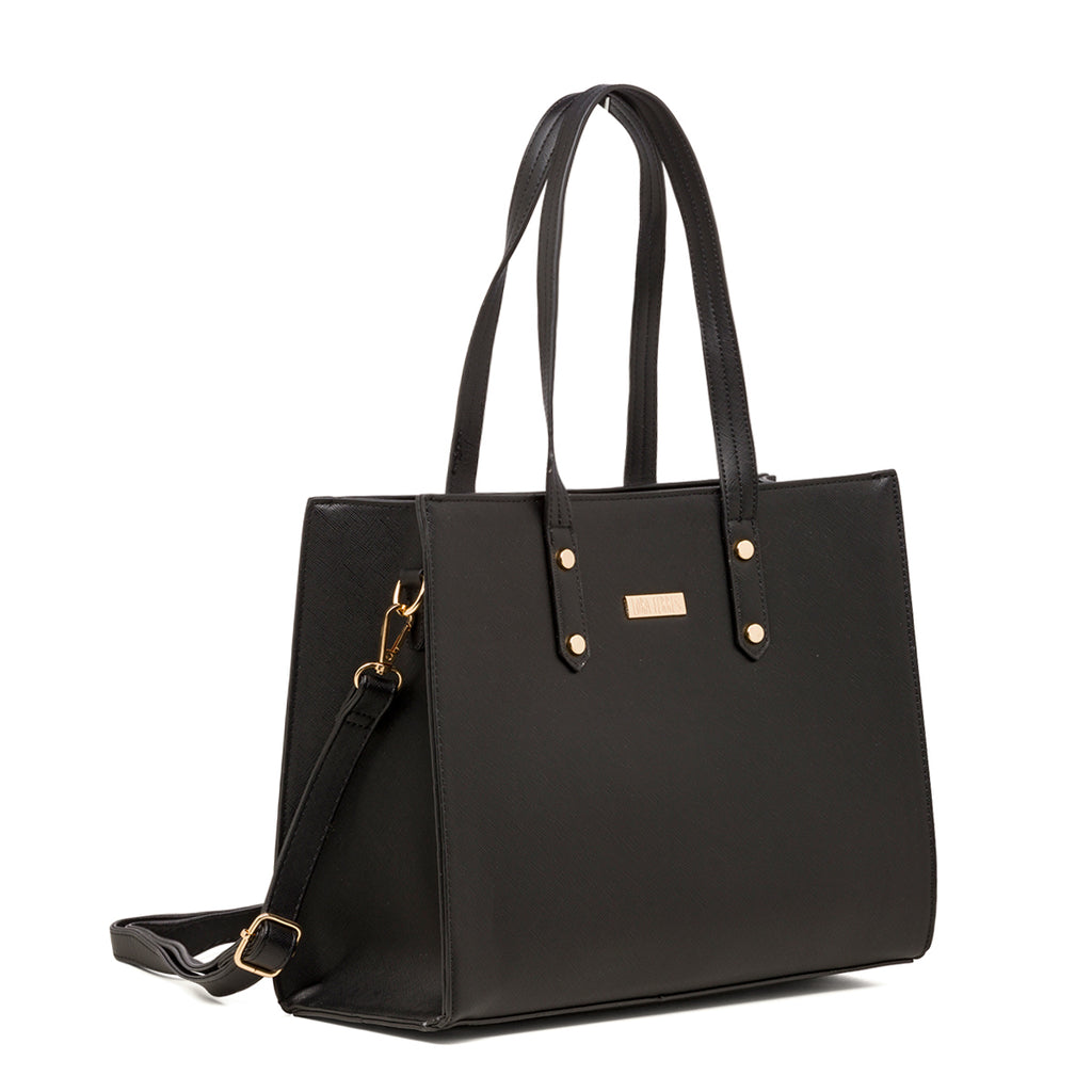 Borsa a spalla da donna nera con logo in metallo Lora Ferres