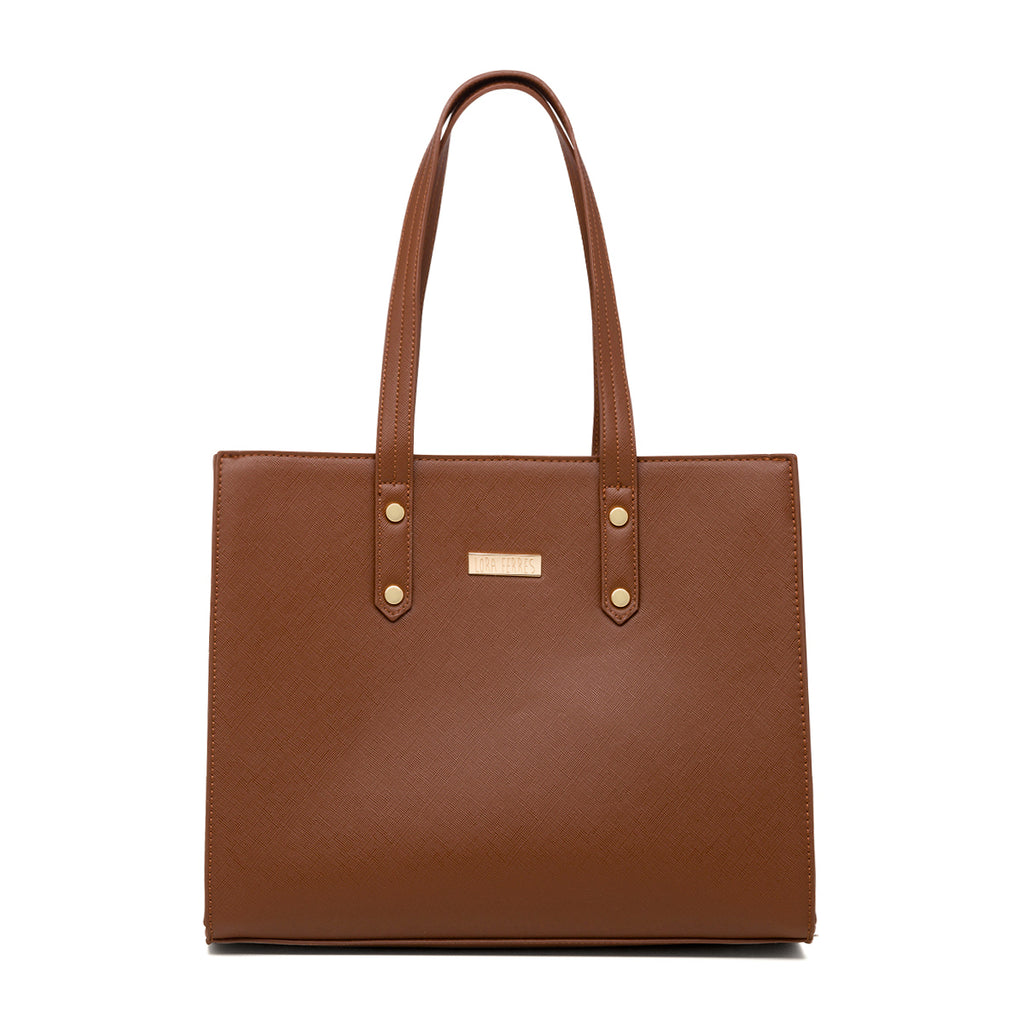 Borsa a spalla da donna marrone con logo in metallo Lora Ferres