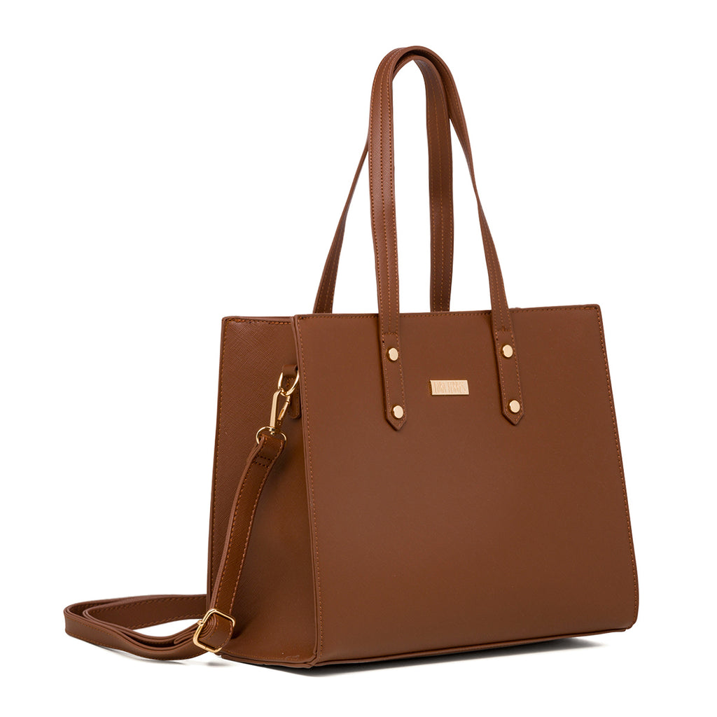 Borsa a spalla da donna marrone con logo in metallo Lora Ferres