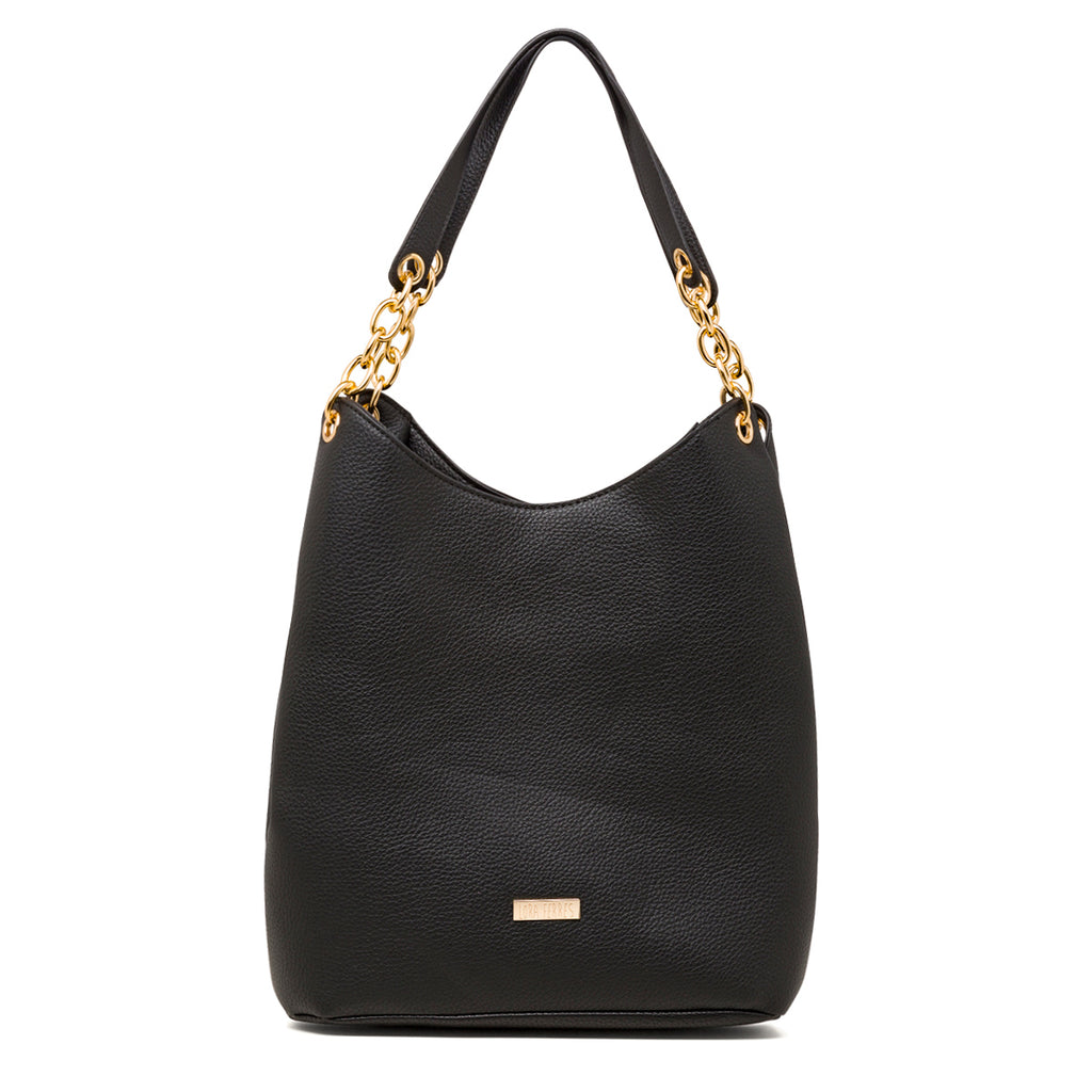 Borsa a spalla da donna nera con logo Lora Ferres