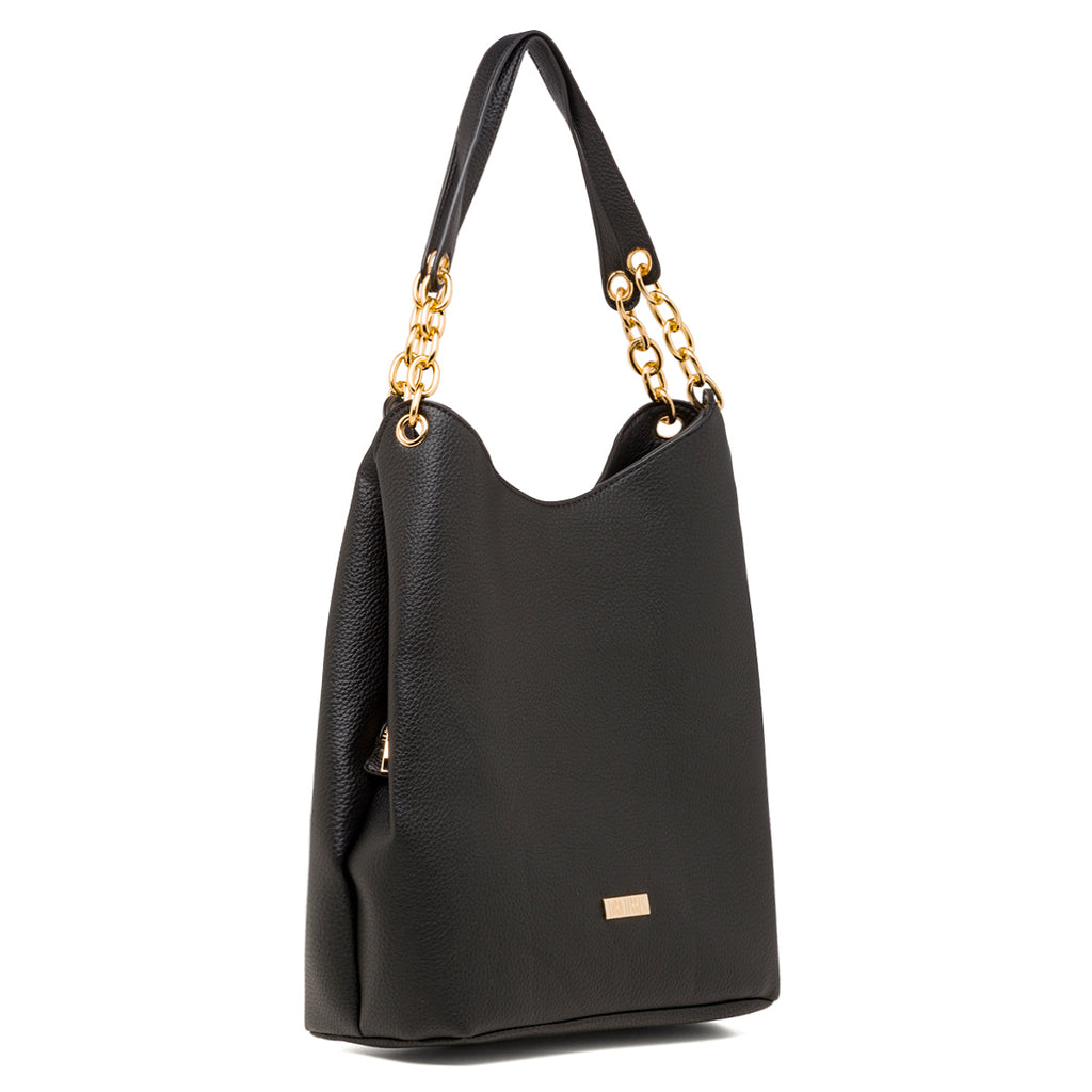 Borsa a spalla da donna nera con logo Lora Ferres