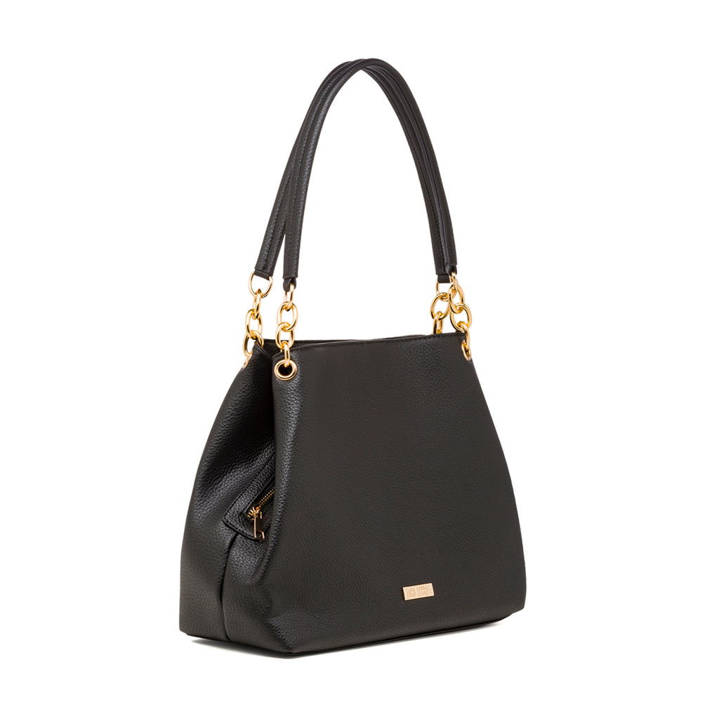 Borsa a spalla da donna nera con logo Lora Ferres