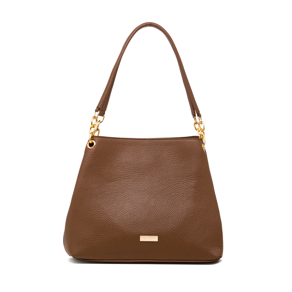 Borsa a spalla da donna marrone con logo Lora Ferres