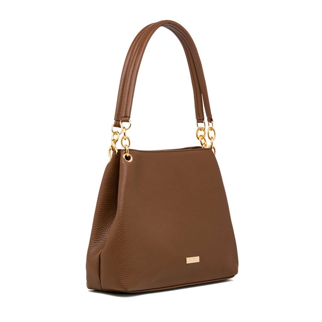 Borsa a spalla da donna marrone con logo Lora Ferres