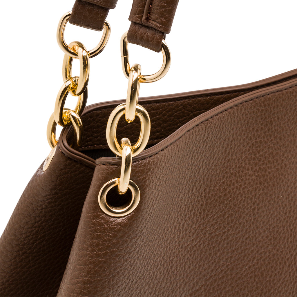 Borsa a spalla da donna marrone con logo Lora Ferres