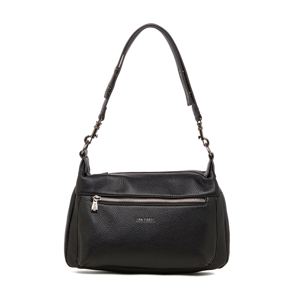 Borsa a spalla da donna color nero con dettaglio logo Lora Ferres