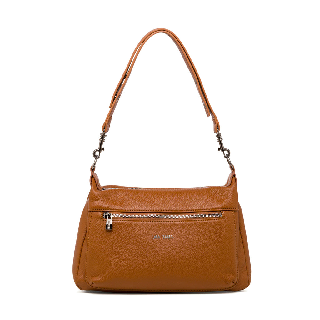 Borsa a spalla da donna color cuoio con dettaglio logo Lora Ferres