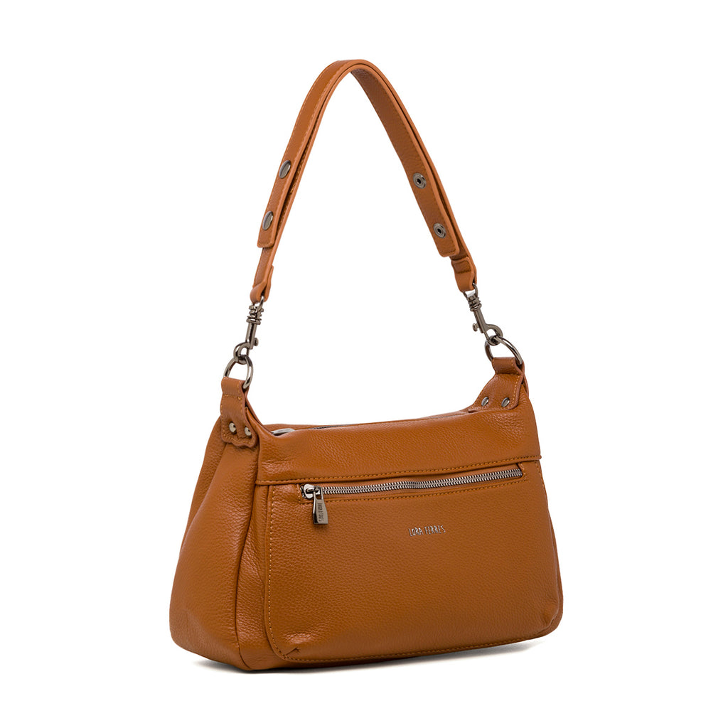 Borsa a spalla da donna color cuoio con dettaglio logo Lora Ferres