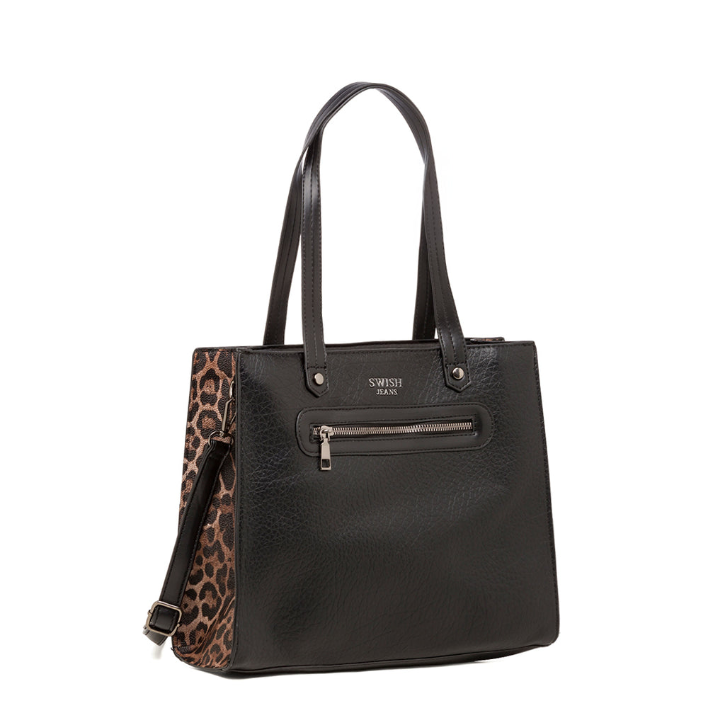 Borsa a spalla nera da donna con dettagli leopardati Swish Jeans