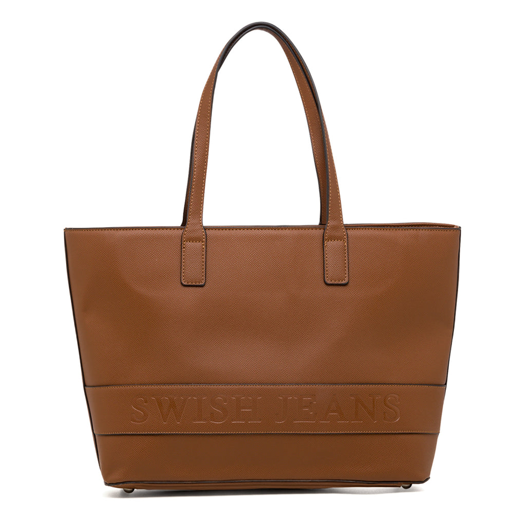 Borsa a spalla da donna color cuoio con logo Swish Jeans