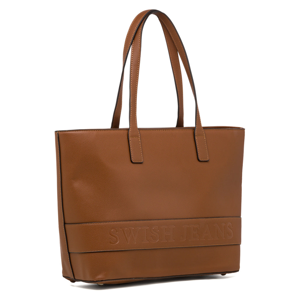 Borsa a spalla da donna color cuoio con logo Swish Jeans