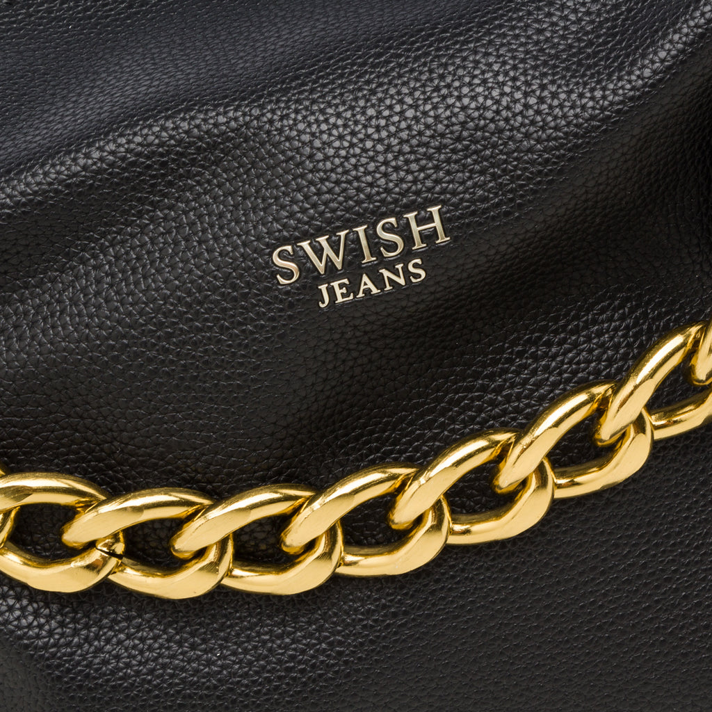 Borsa a mano nera da donna con dettaglio in metallo e logo Swish Jeans