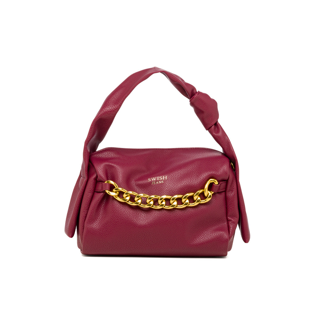 Borsa a mano rosso bordeaux da donna con dettaglio in metallo e logo Swish jeans