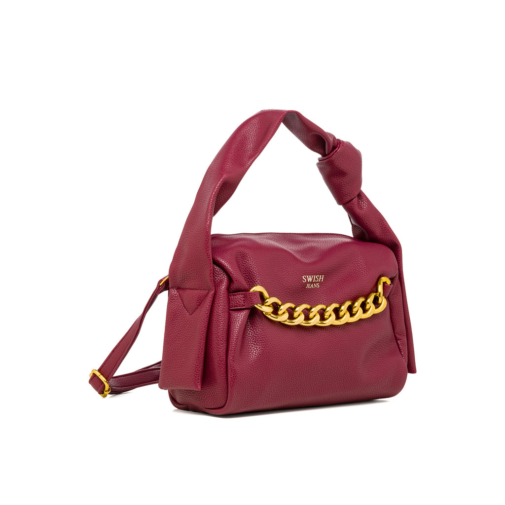 Borsa a mano rosso bordeaux da donna con dettaglio in metallo e logo Swish jeans