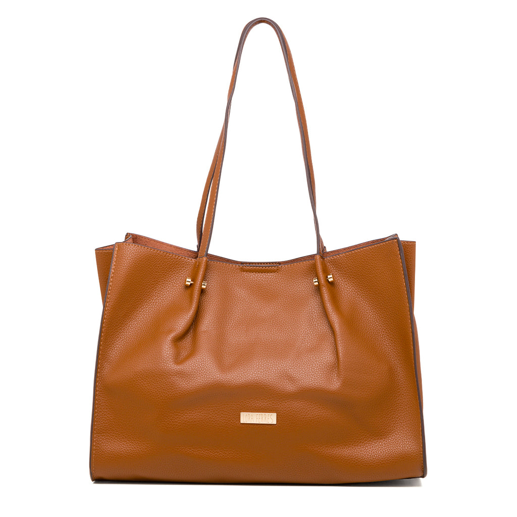 Borsa a spalla da donna color cuoio con logo Lora Ferres