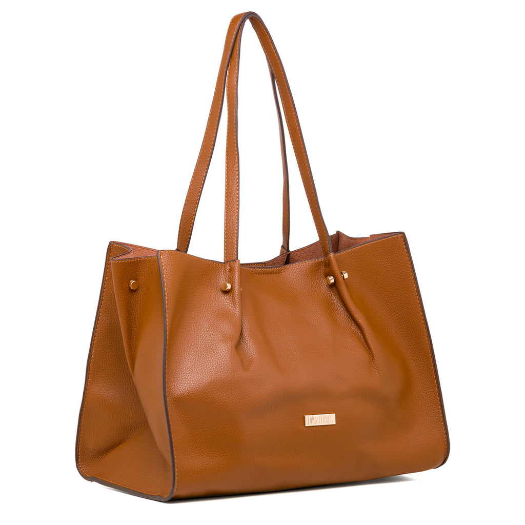 Borsa a spalla da donna color cuoio con logo Lora Ferres