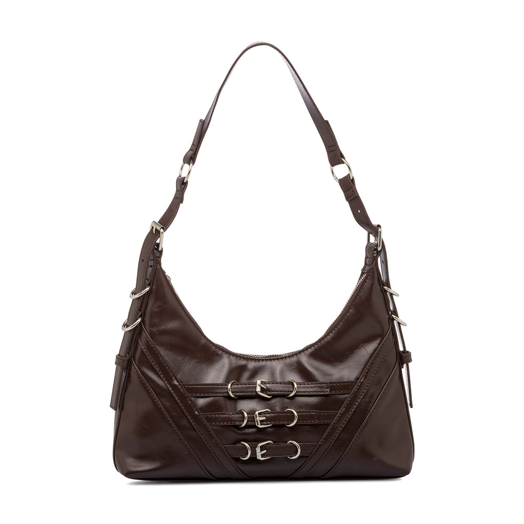 Borsa a spalla da donna marrone con dettaglio fibbia frontale Lora Ferres