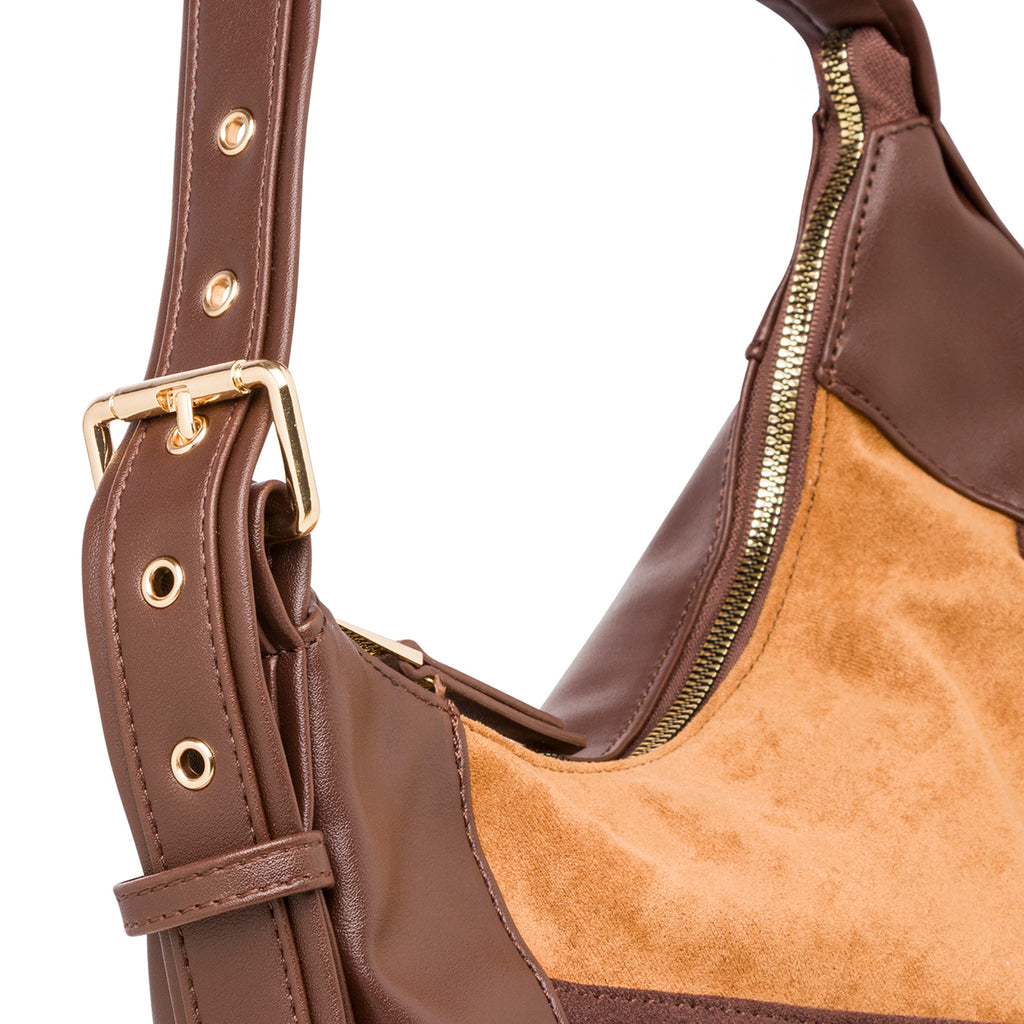 Borsa a spalla da donna marrone con dettaglio effetto scamosciato Lora Ferres