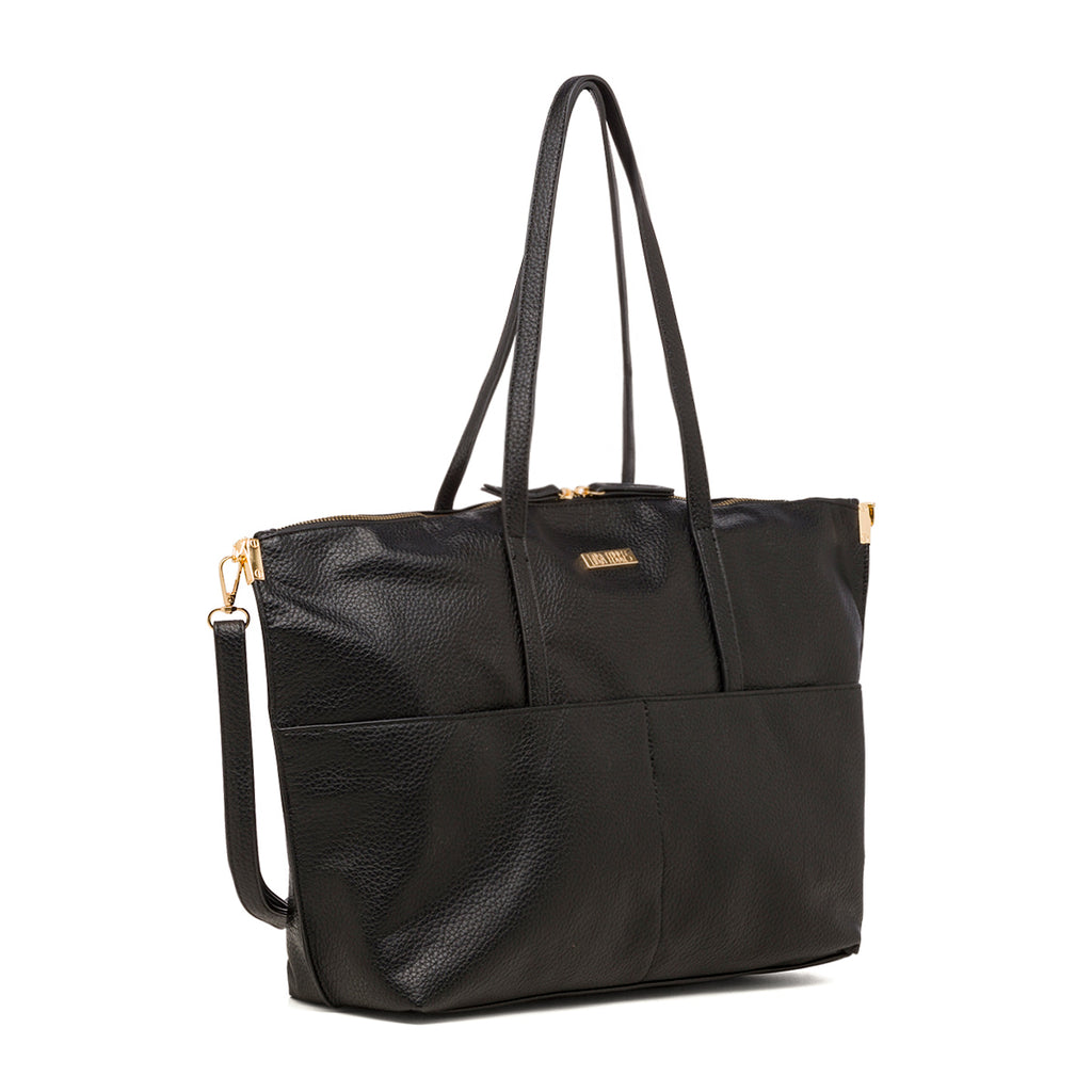 Borsa a spalla da donna nera con logo in metallo Lora Ferres