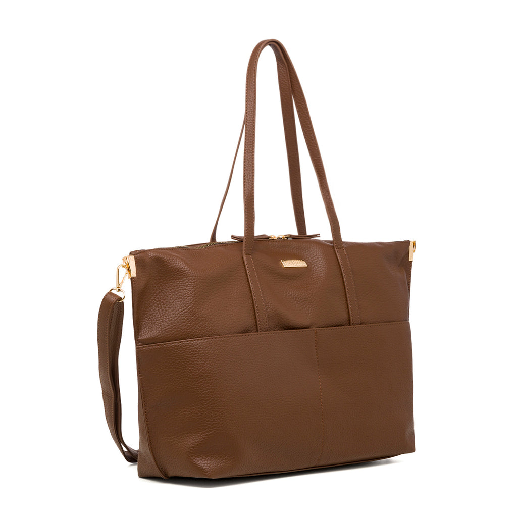 Borsa a spalla da donna marrone con logo in metallo Lora Ferres