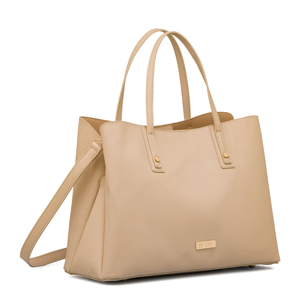 Borsa a spalla beige da Donna con inserti e logo dorati Lora Ferres