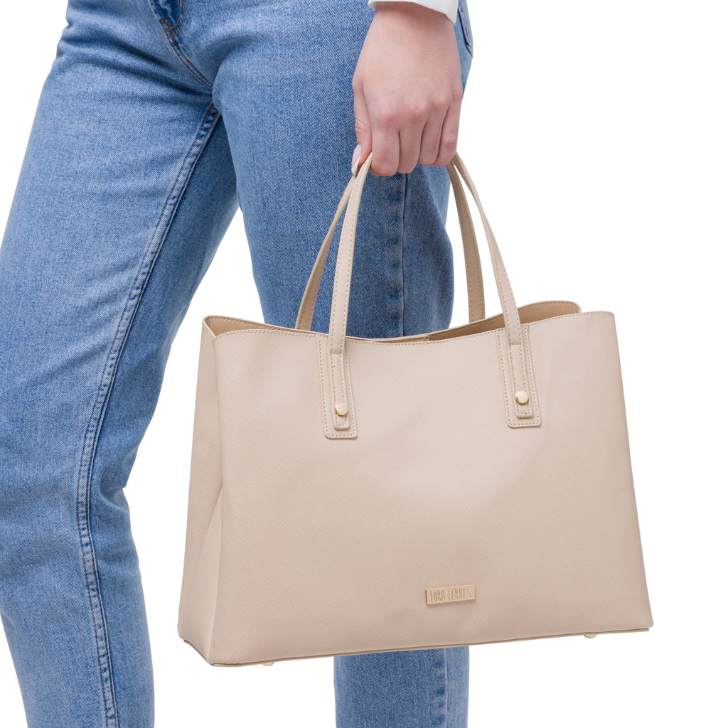 Borsa a spalla beige da Donna con inserti e logo dorati Lora Ferres