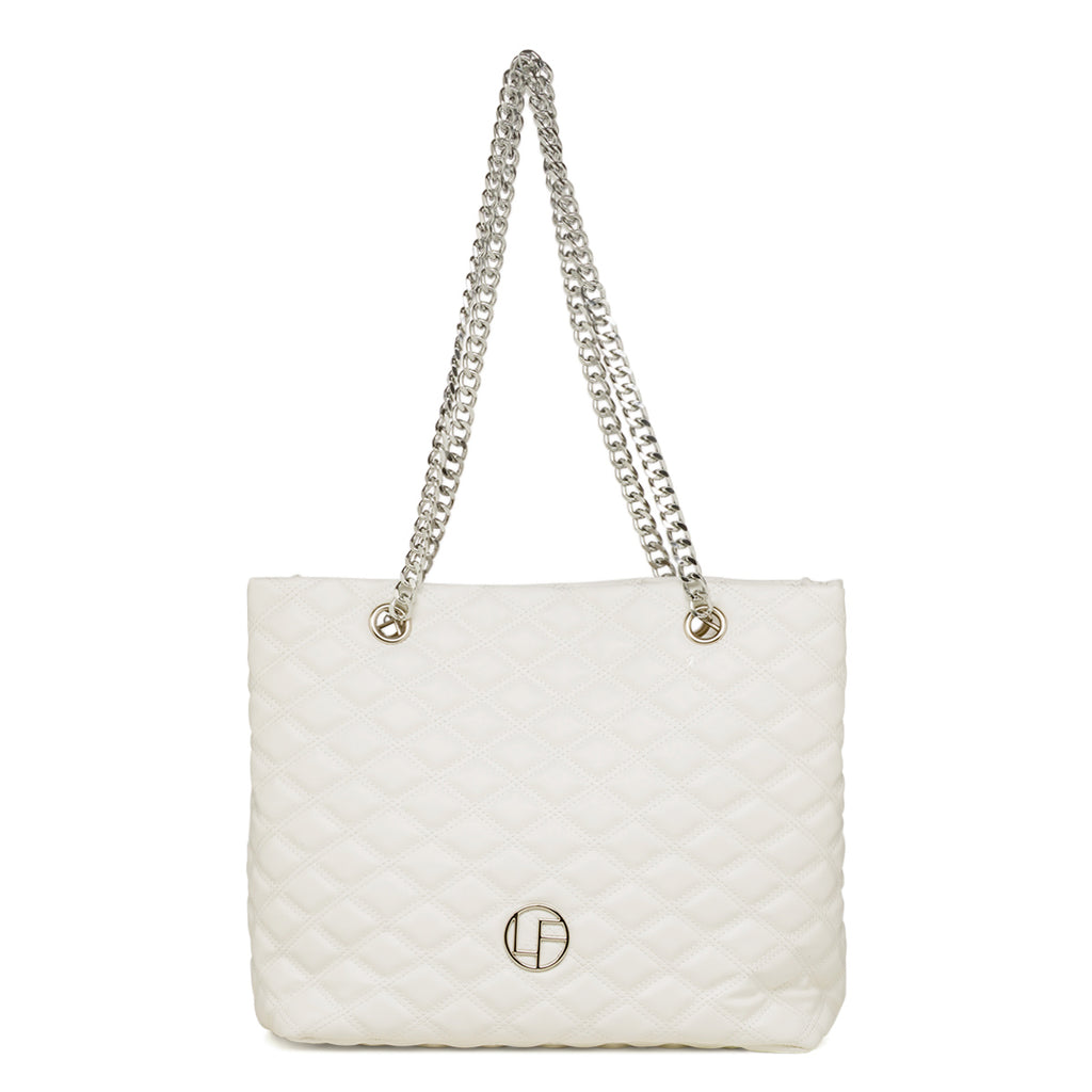 Borsa a spalla da donna bianca effetto trapuntato con logo Lora Ferres