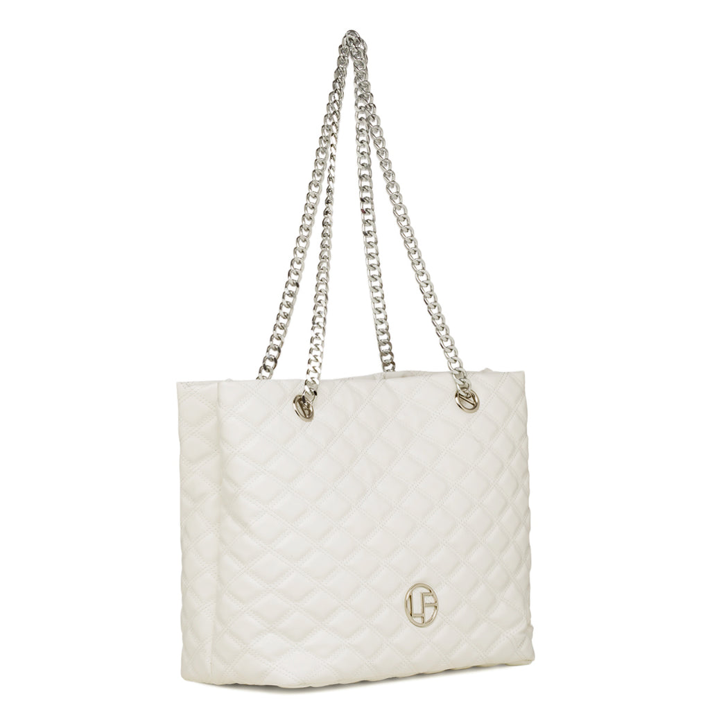 Borsa a spalla da donna bianca effetto trapuntato con logo Lora Ferres