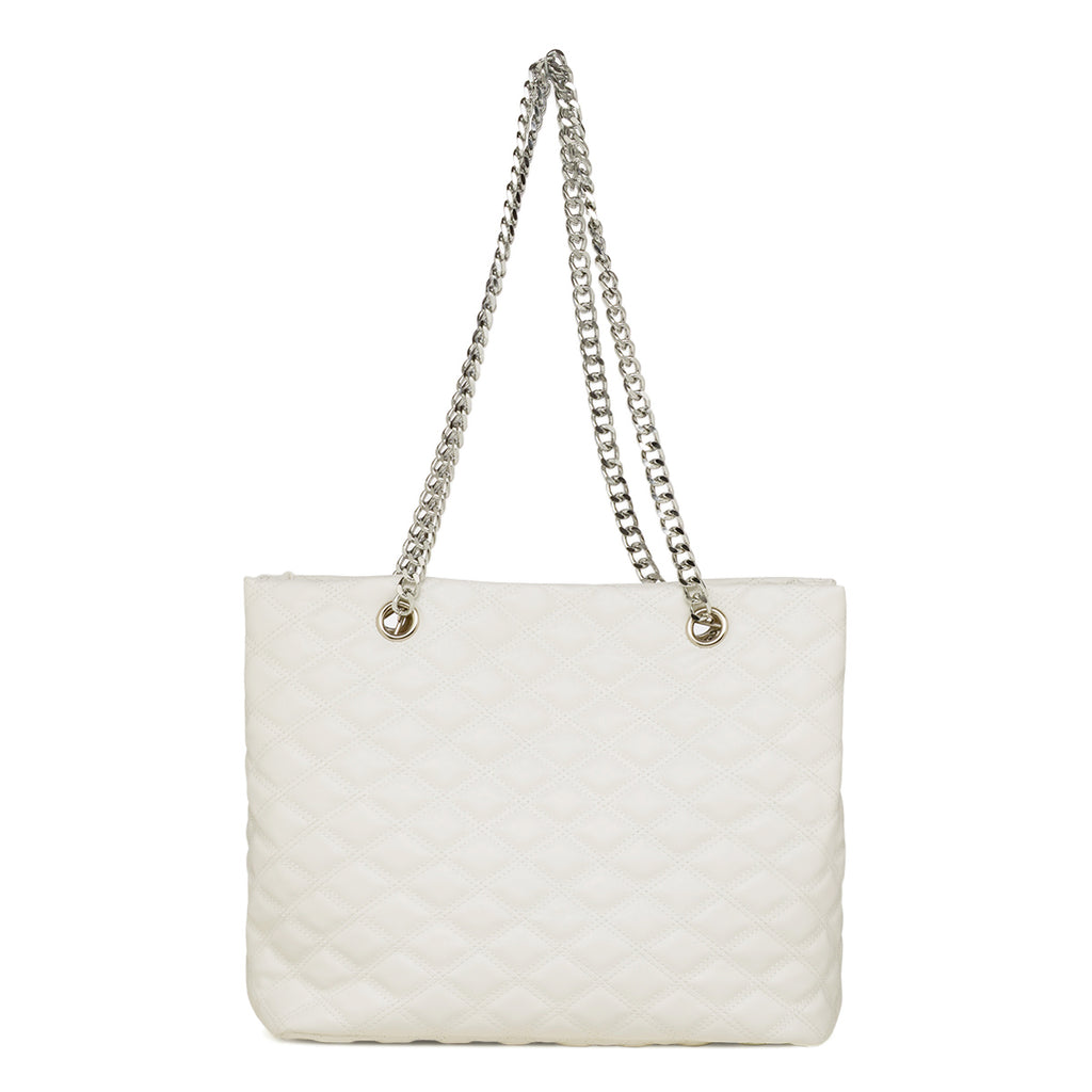 Borsa a spalla da donna bianca effetto trapuntato con logo Lora Ferres