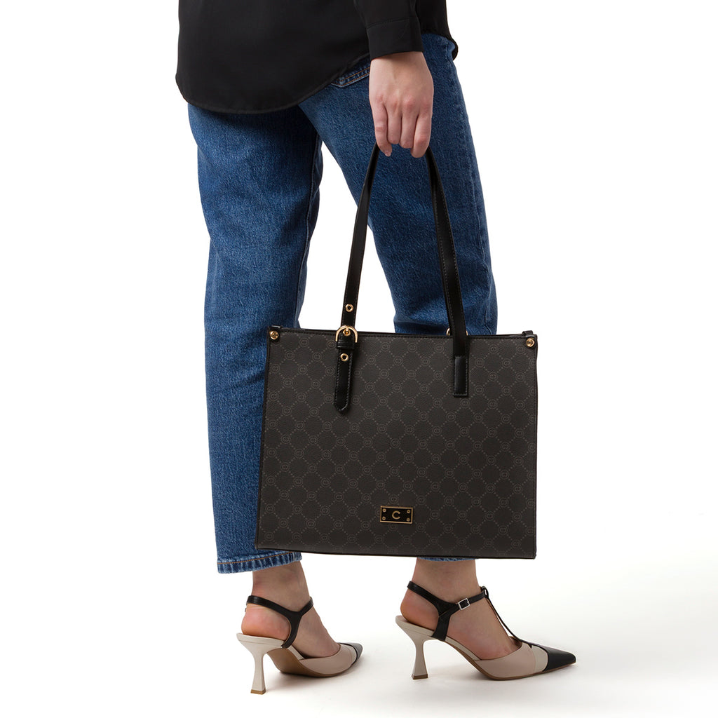 Borsa a spalla da donna nera con logo metallizzato Carrera Jenas