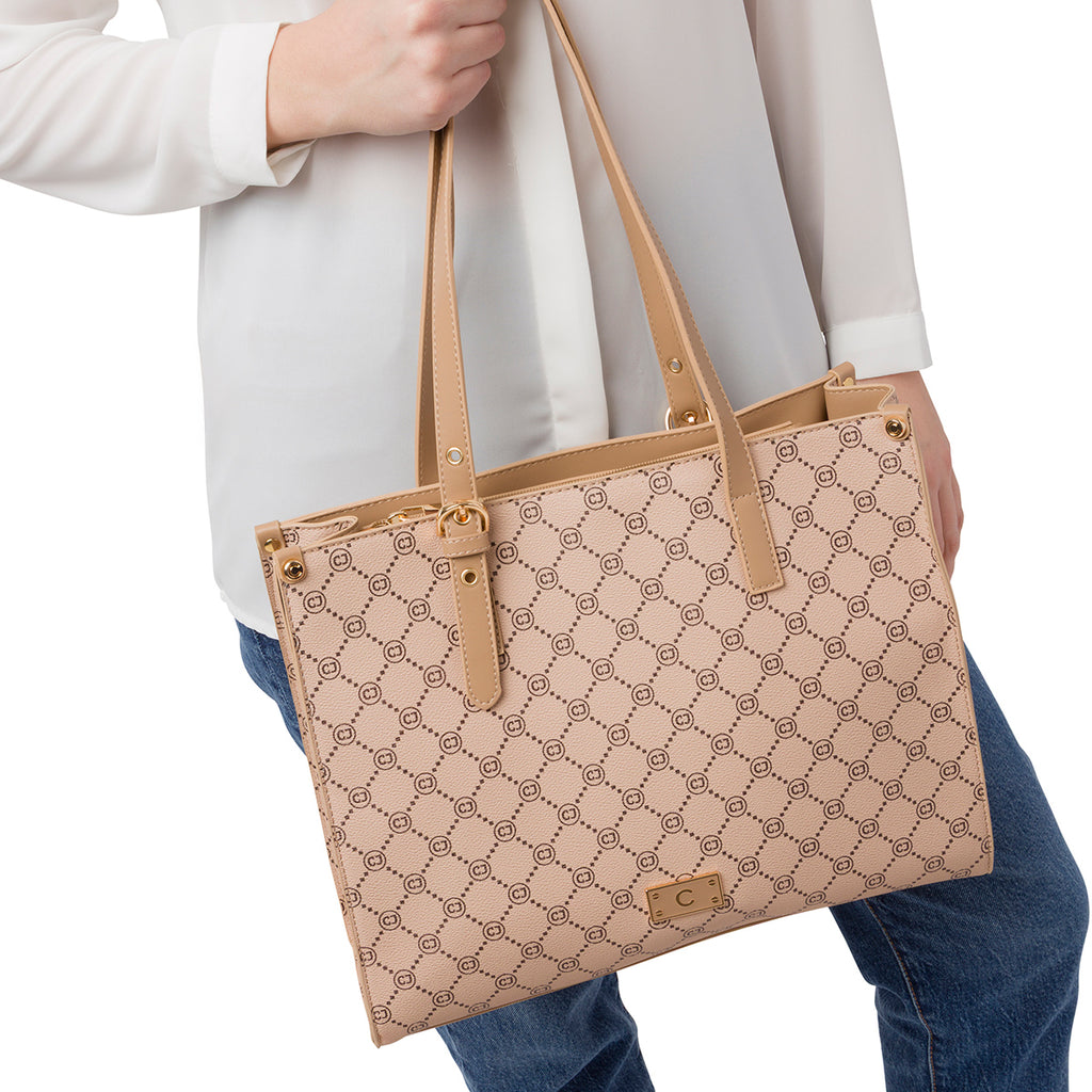 Borsa a spalla beige da Donna con dettaglio logo metallizzato Carrera Jeans