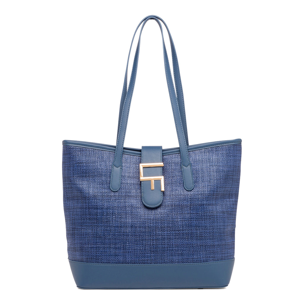 Borsa a spalla Blu da Donna effetto rafia e con logo in metallo Lora Ferres