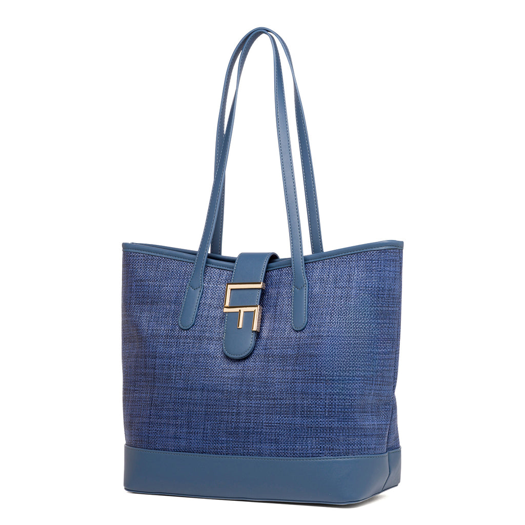 Borsa a spalla Blu da Donna effetto rafia e con logo in metallo Lora Ferres