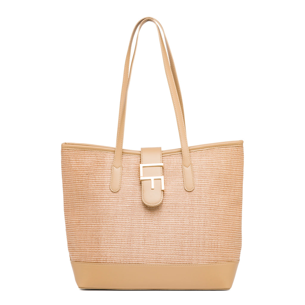 Borsa a spalla Beige da Donna effetto rafia e con logo in metallo Lora Ferres