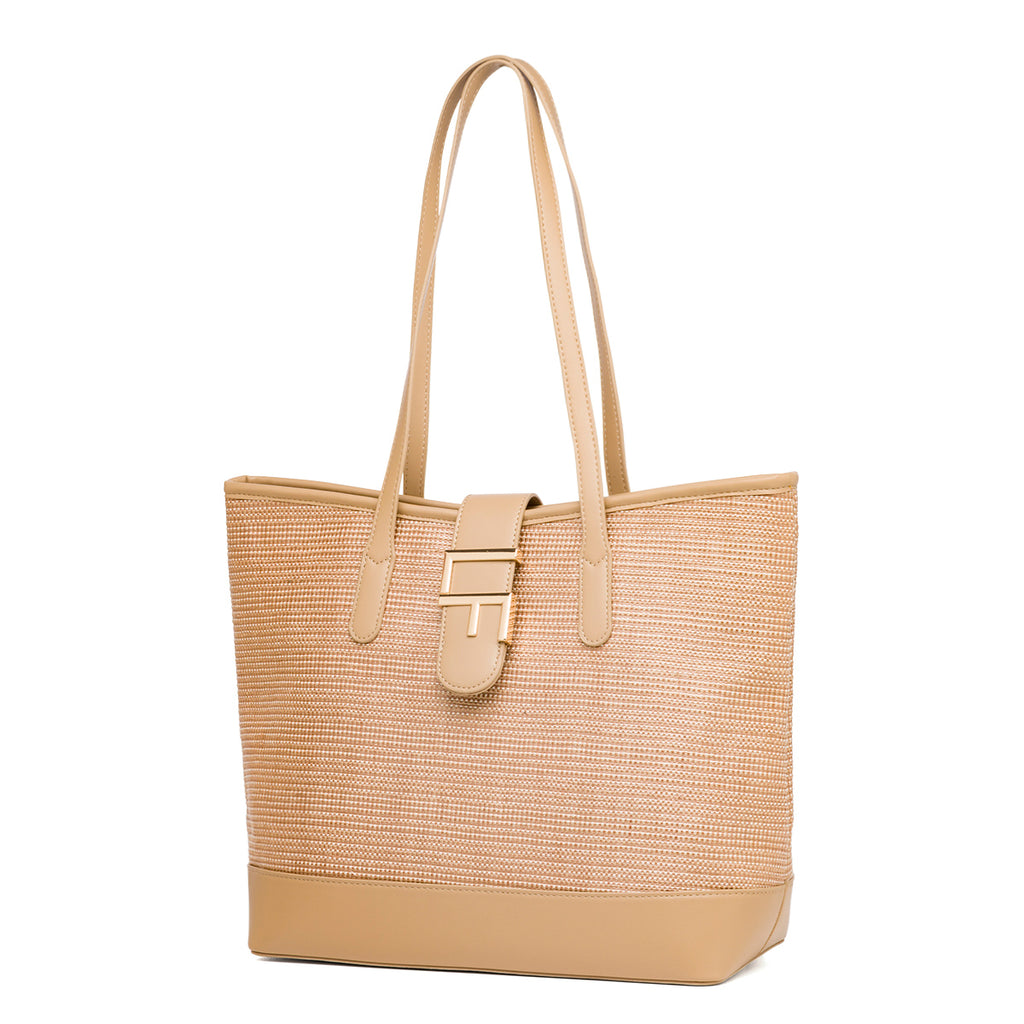 Borsa a spalla Beige da Donna effetto rafia e con logo in metallo Lora Ferres
