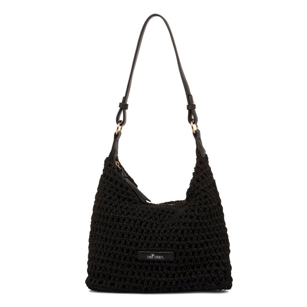 Borsa a spalla nera da Donna in tessuto intrecciato effetto crochet e logo Lora Ferres