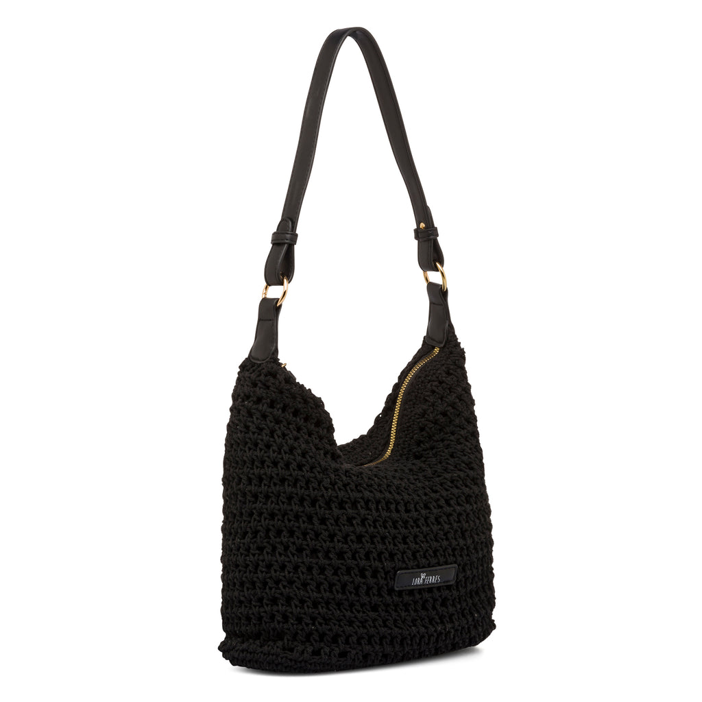 Borsa a spalla nera da Donna in tessuto intrecciato effetto crochet e logo Lora Ferres