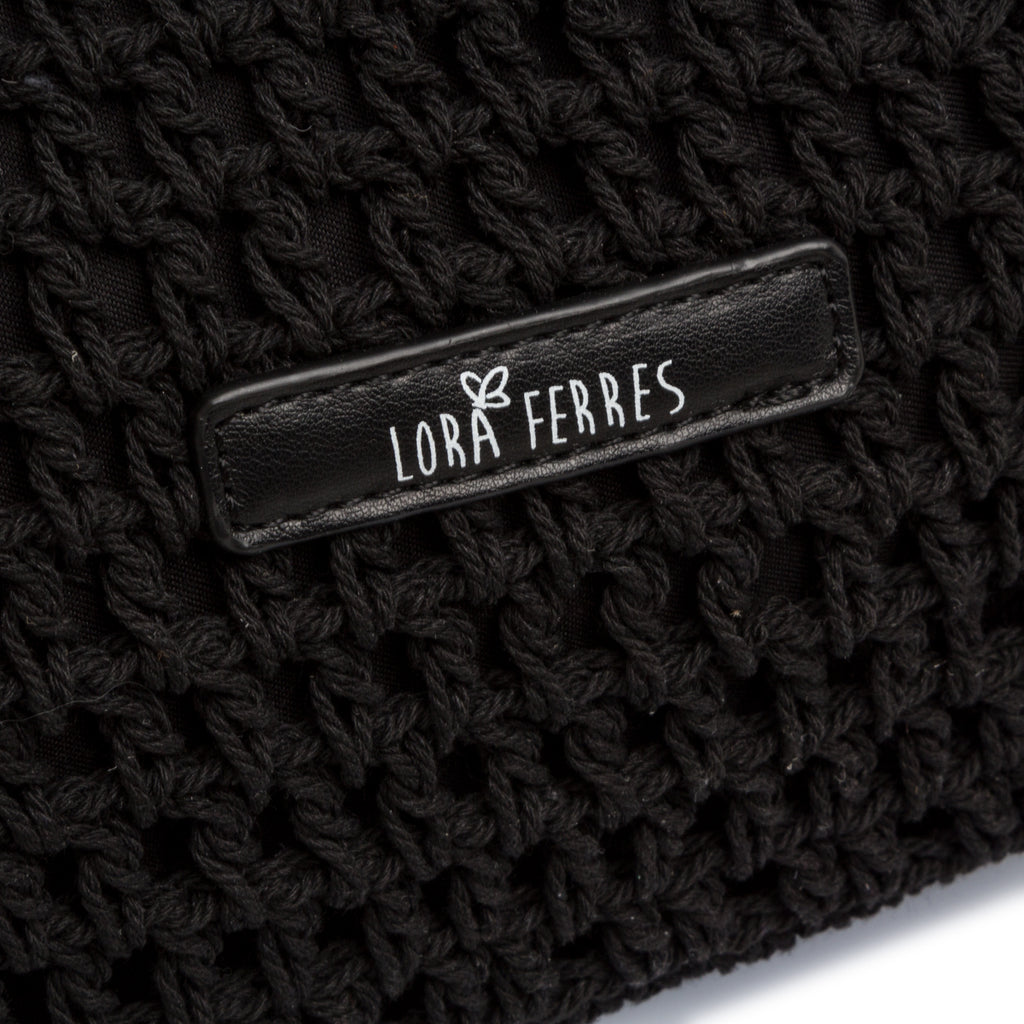 Borsa a spalla nera da Donna in tessuto intrecciato effetto crochet e logo Lora Ferres