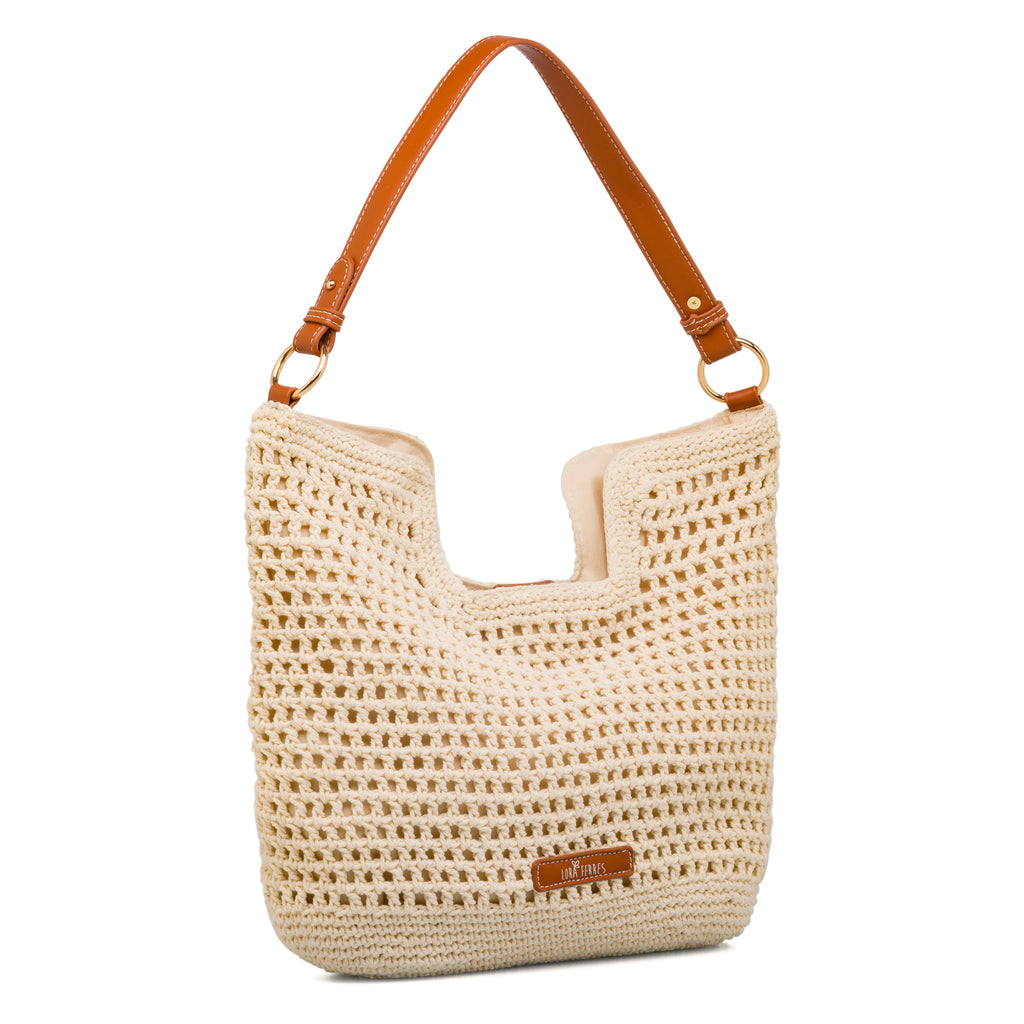 Borsa a spalla bianca da Donna in tessuto intrecciato effetto crochet Lora Ferres