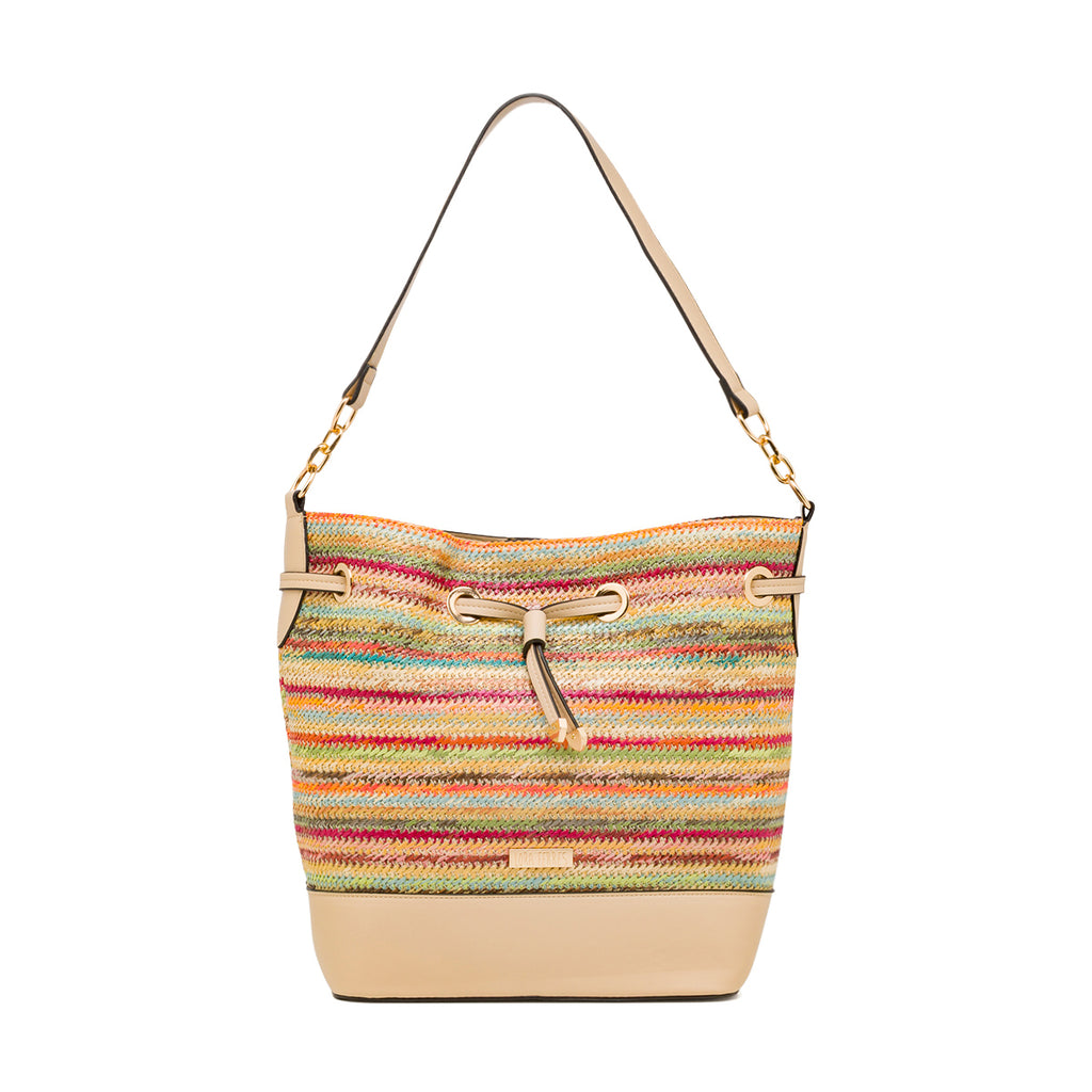 Borsa a spalla multicolore da Donna effetto rafia e logo Lora Ferres