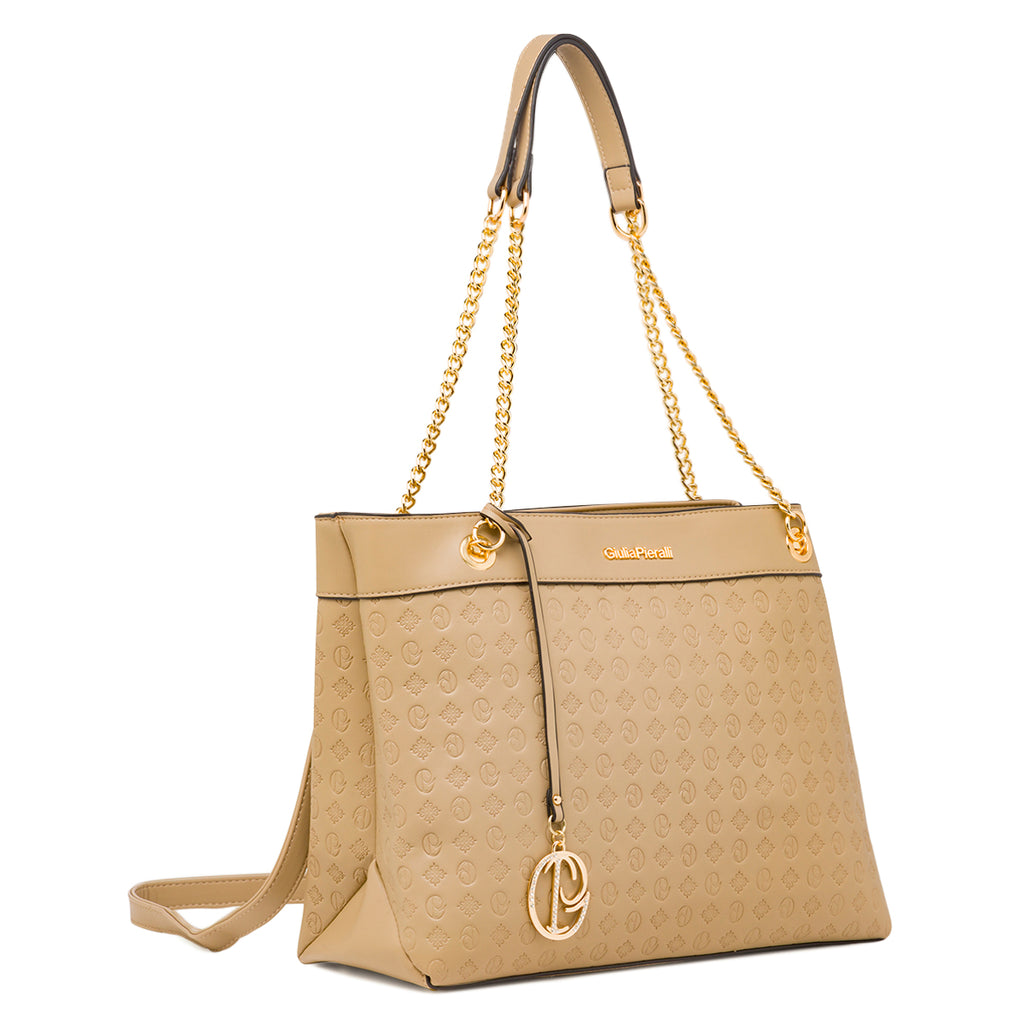 Borsa a spalla da donnaBeige Giulia Pieralli con dettagli catena oro