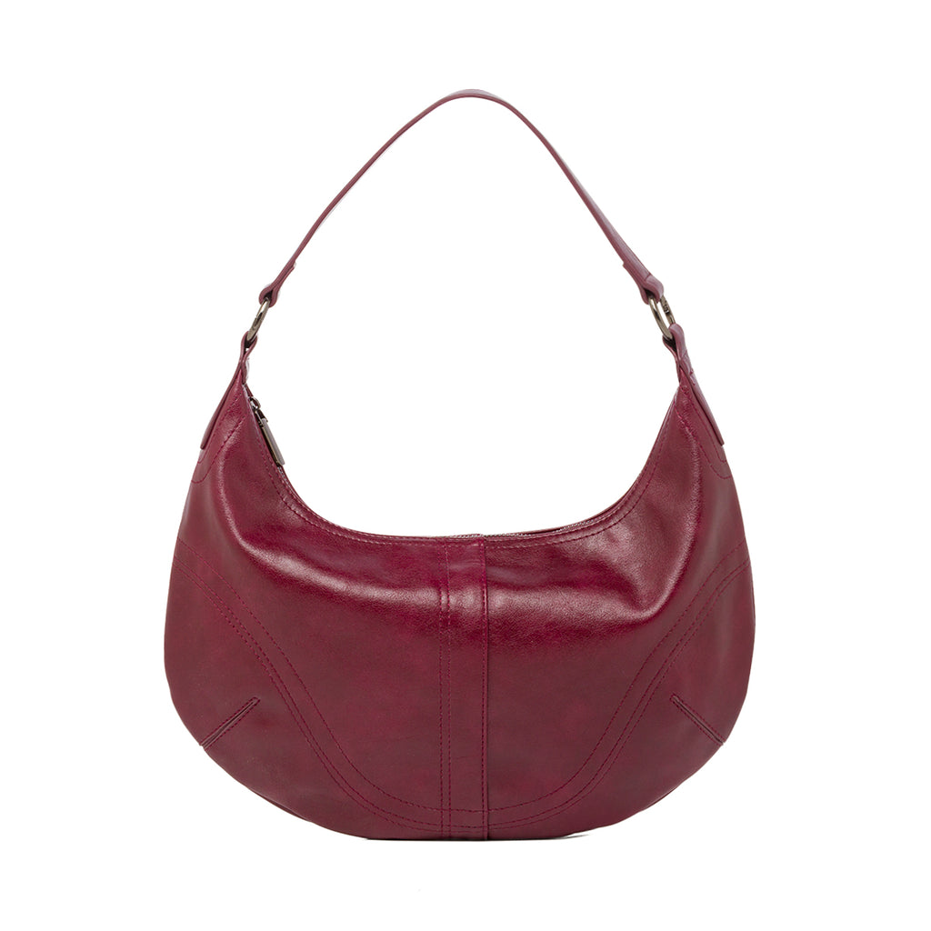 Borsa hobo bordeaux da donna con cuciture decorative e logo Lora Ferres