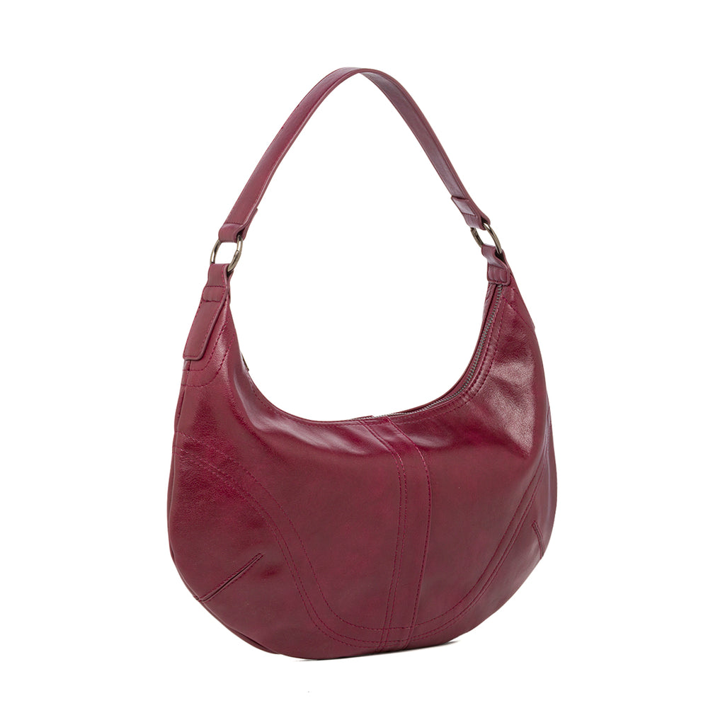 Borsa hobo bordeaux da donna con cuciture decorative e logo Lora Ferres