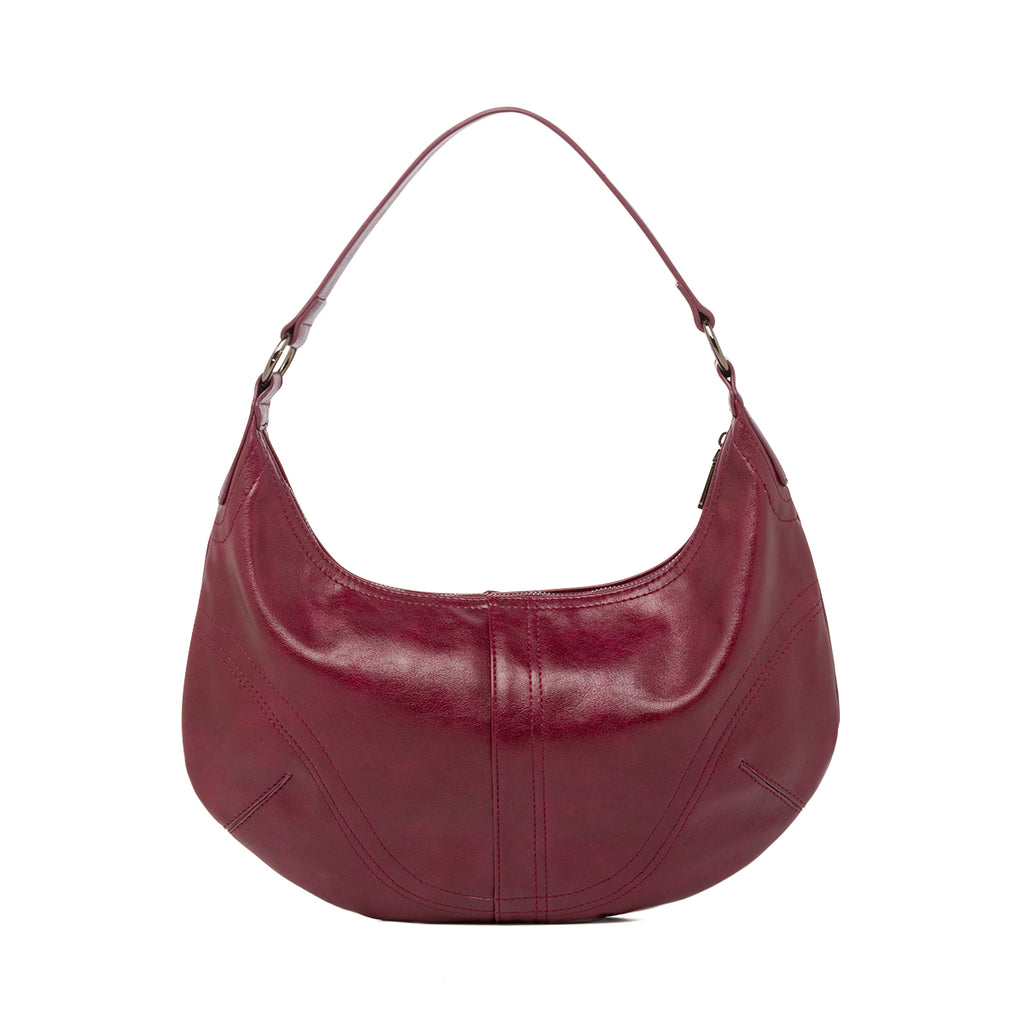 Borsa hobo bordeaux da donna con cuciture decorative e logo Lora Ferres