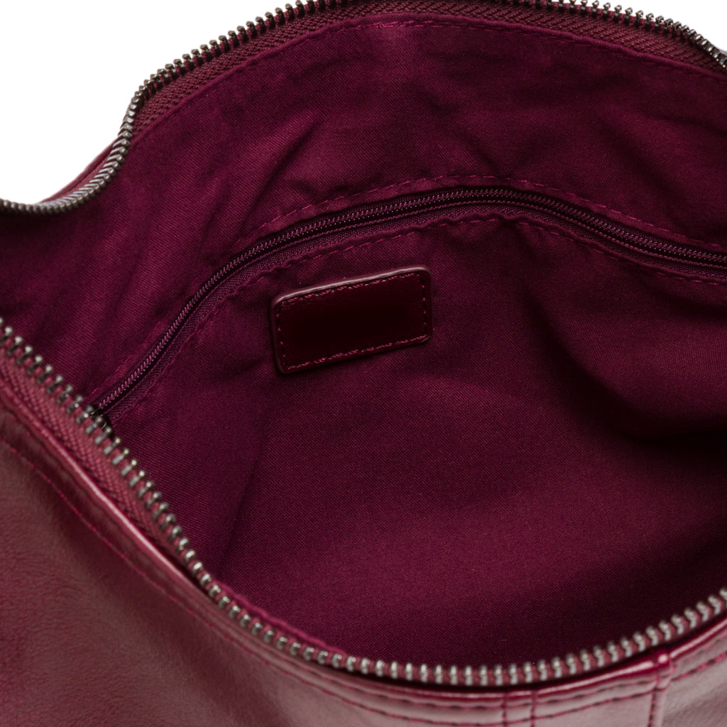 Borsa hobo bordeaux da donna con cuciture decorative e logo Lora Ferres