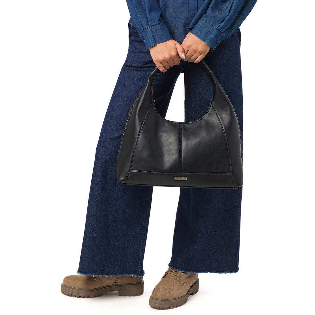 Borsa Hobo da Donna Nera con Dettaglio Intrecciato Lora Ferres