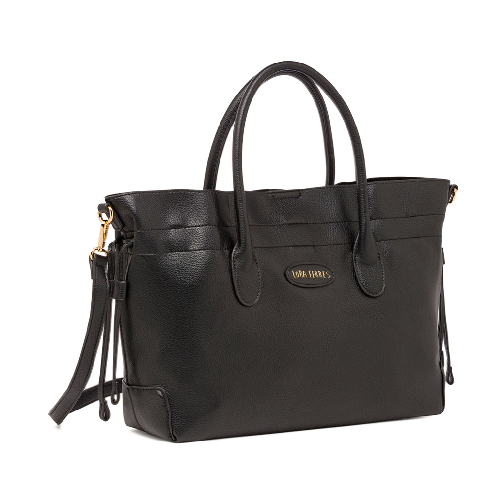 Borsa a spalla da donna nera Lora Ferres con manici e dettaglio lacci
