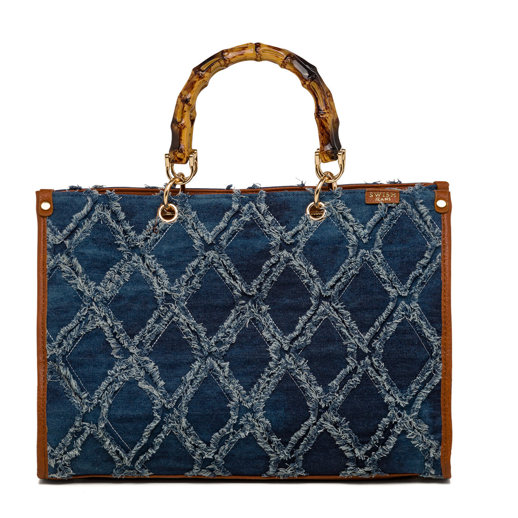 Borsa a mano in jeans con dettagli marroni e manici effetto bamboo Swish Jeans